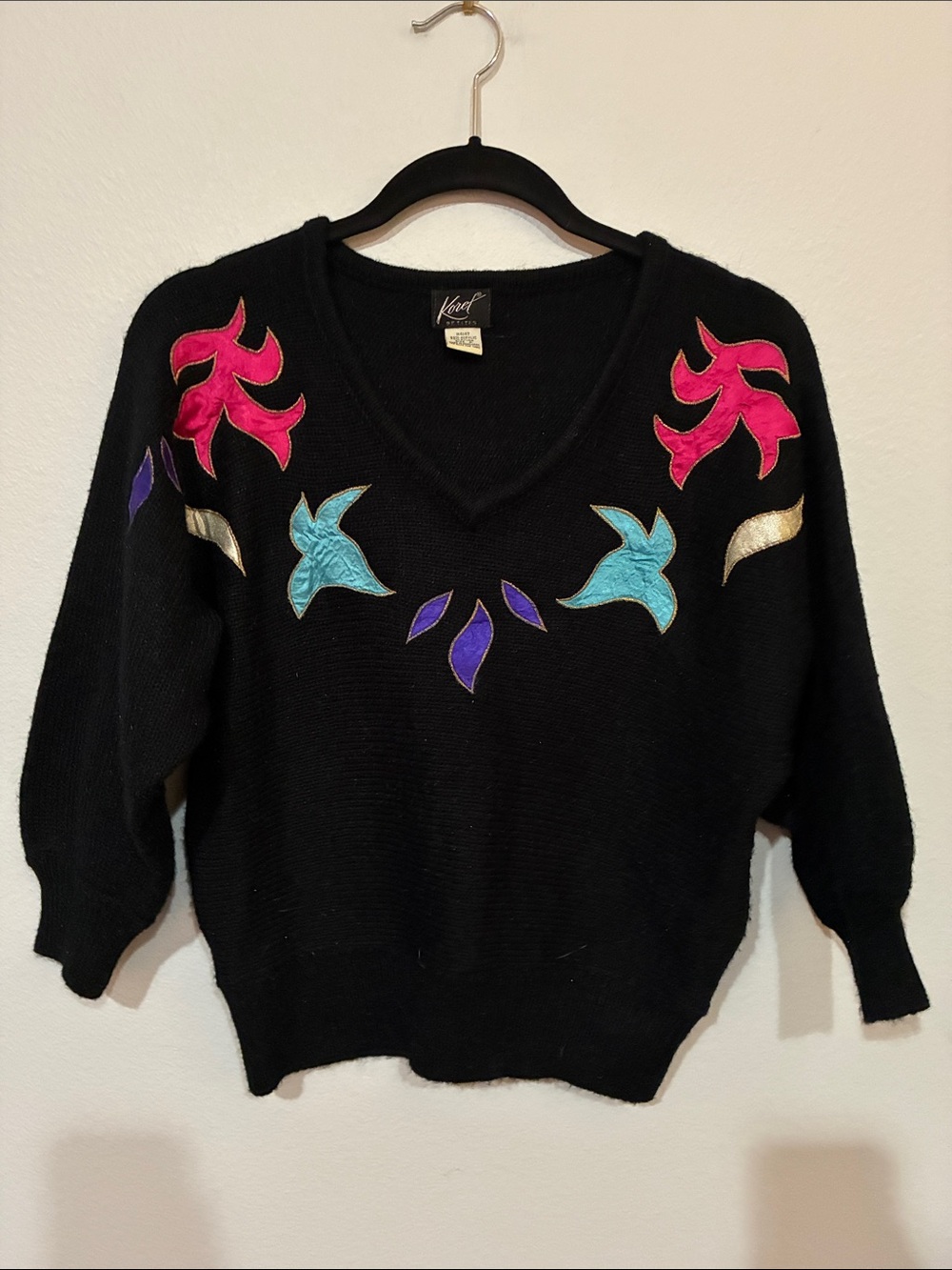 Vintage Black V-Neck Bat Wing Sweater with Colorful Appliqué 1980’s Retro
